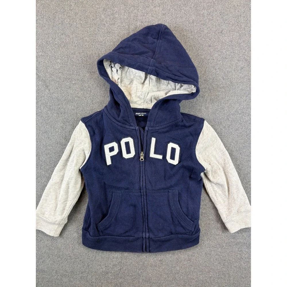 Polo Ralph Lauren Hoodie Kids 18M Navy Gray POLO Applique Full‎ Zip Colorblock